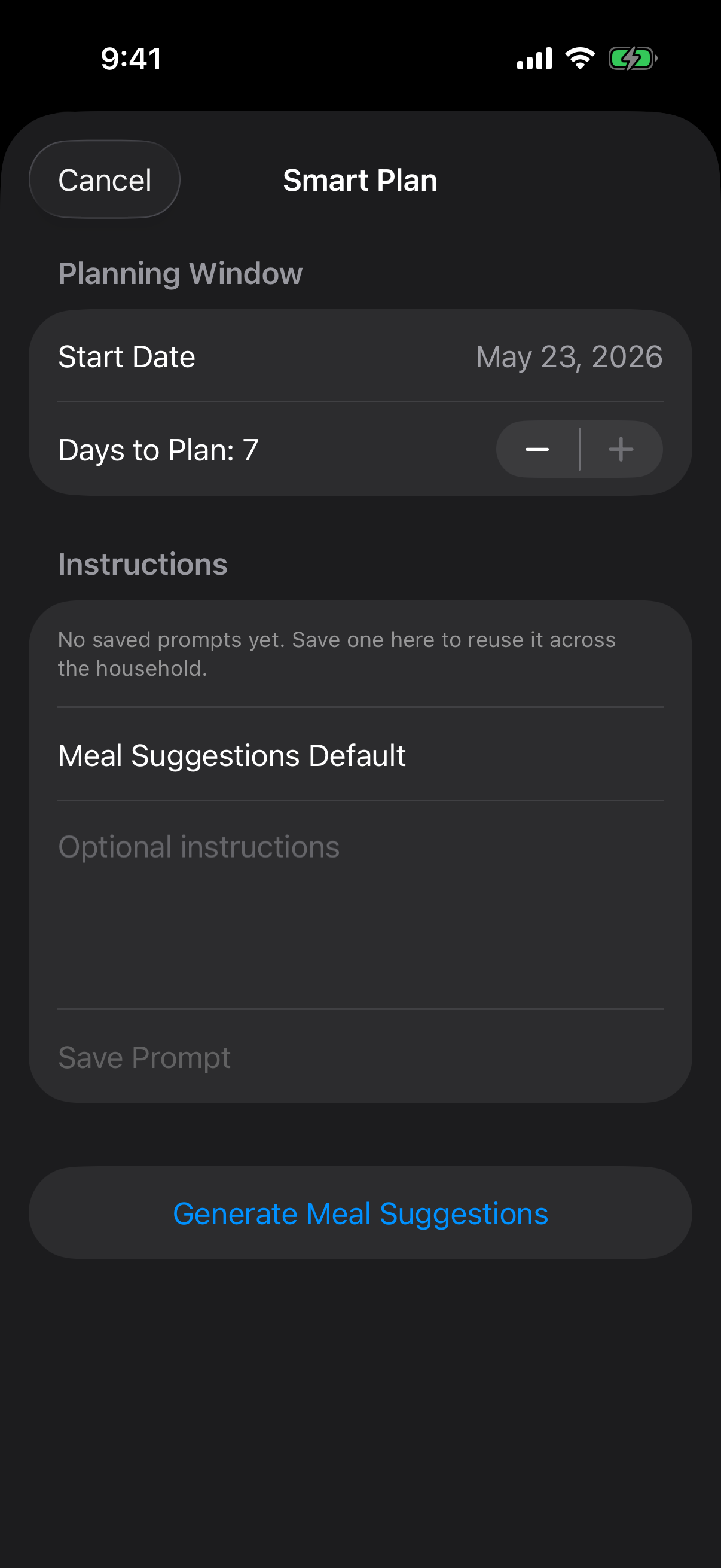 Berg App Smart Plan screen showing meal-planning prompt controls