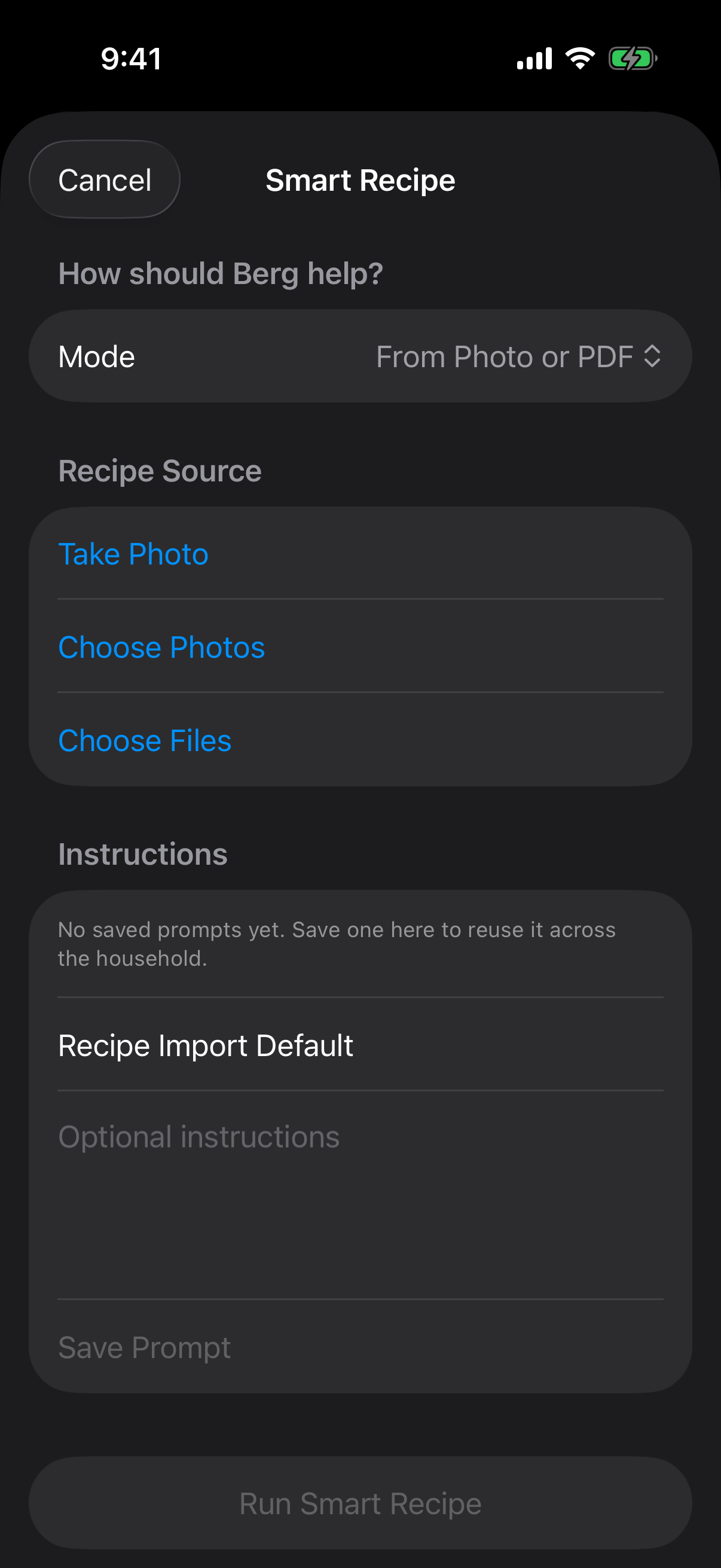 Berg App Smart Recipe screen for recipe import and generation