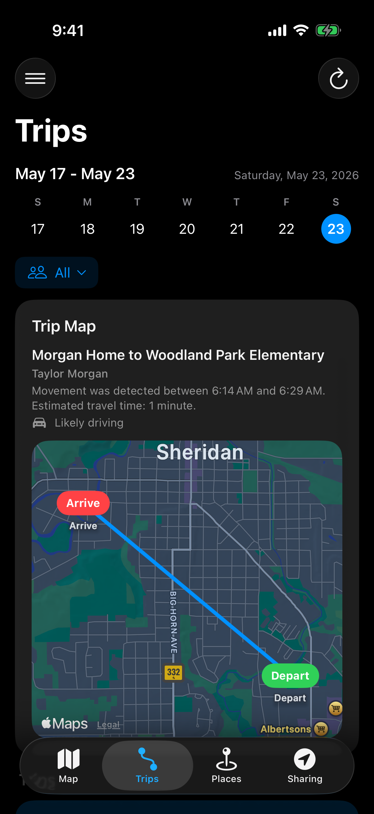 Berg App route history screen showing recent trips and timing