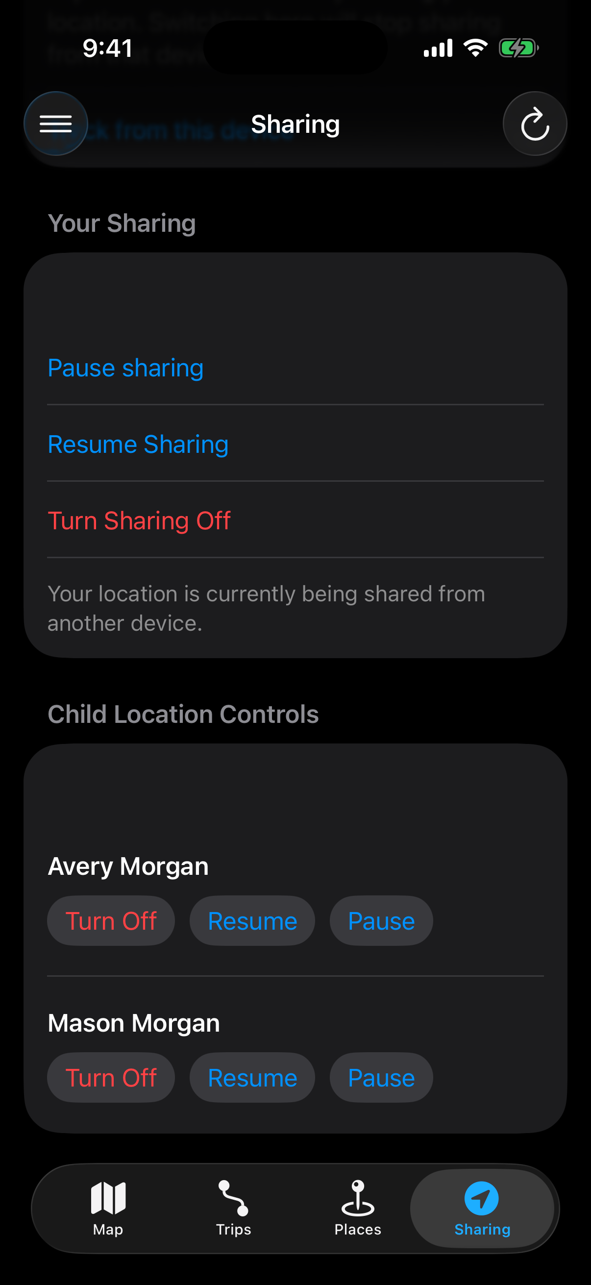 Berg App sharing screen with child location controls
