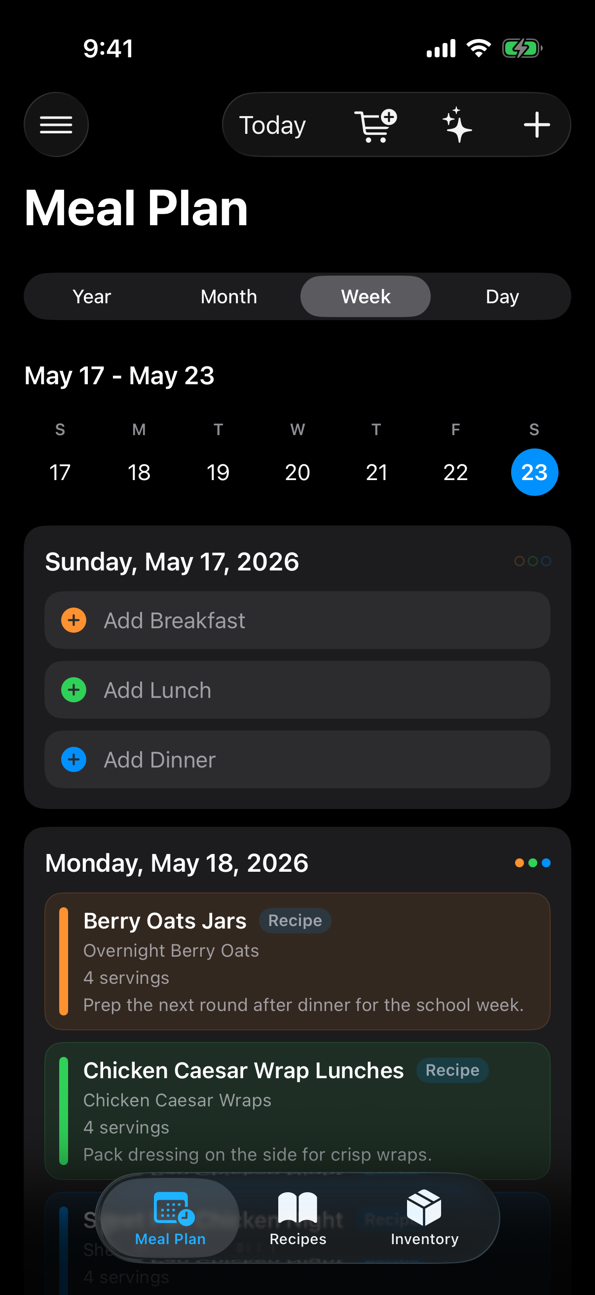 Berg App meal plan screen showing breakfast, lunch, and dinner entries