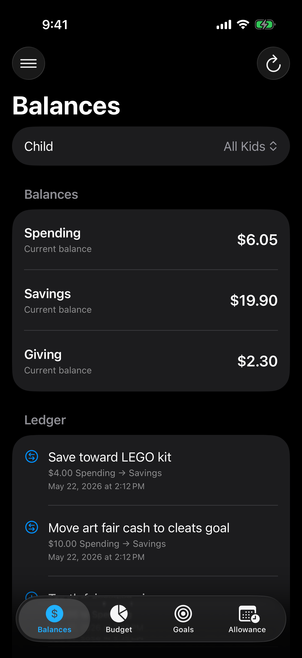 Berg App Money balances screen showing child balances and recent activity